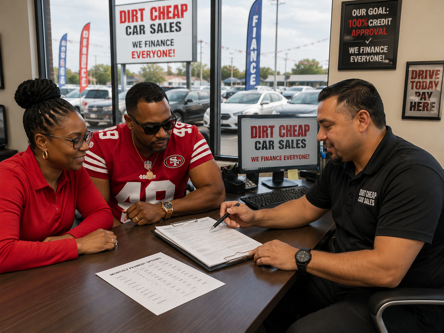 Customer reviewing financing paperwork with a Dirt Cheap Car Sale advisor